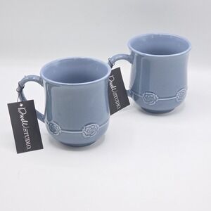 Dwell Studio Set of 2 Blue Floral Embossed Coffee Mug 16oz Artisanal Fire Glazed
